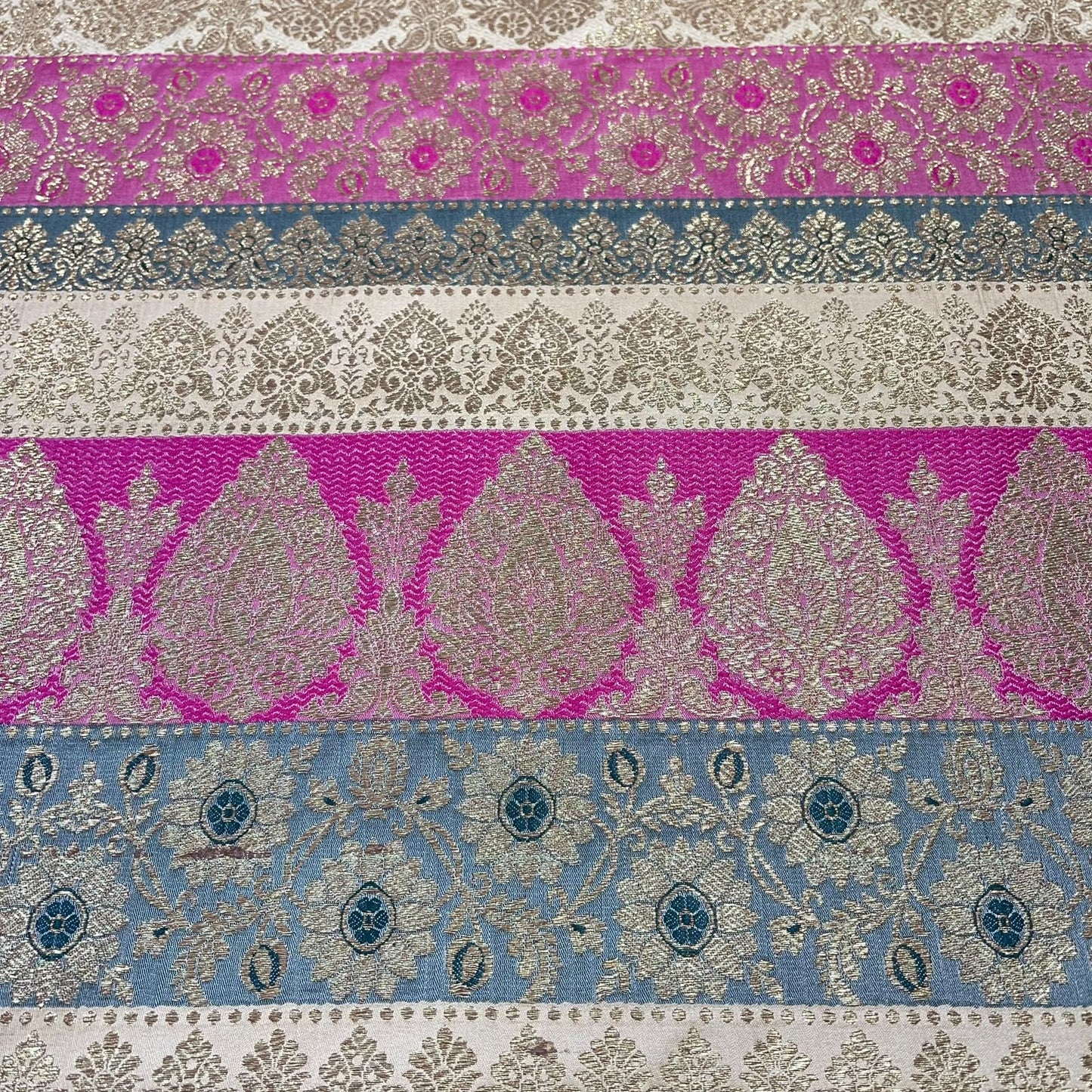 Multicolour - Fuchsia Blue Gold Floral Jacquard Ornamental Banarasi Brocade Bridal, Dressmaking, Costume Fabric 44" Wide By The Meter