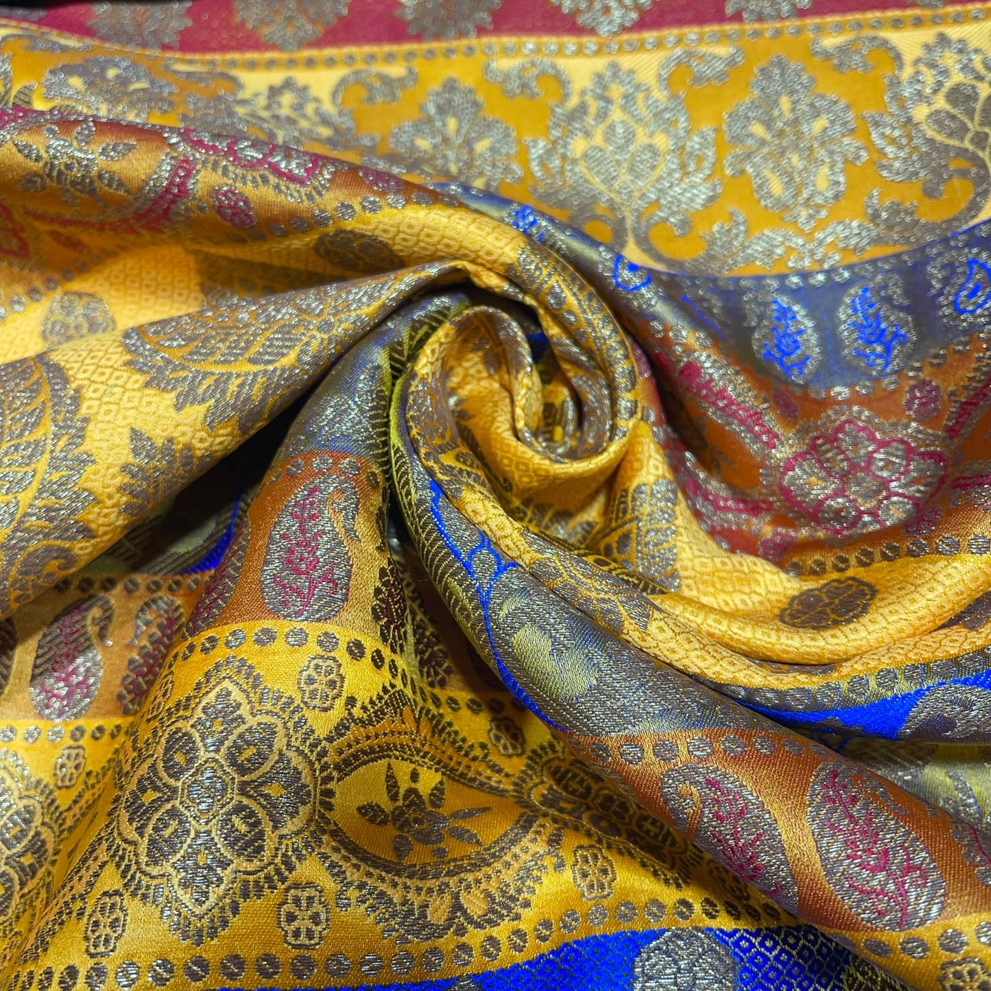 Multicolour - Mustard Blue Gold Floral Jacquard Ornamental Banarasi Brocade Bridal, Dressmaking, Costume Fabric 44" Wide By The Meter