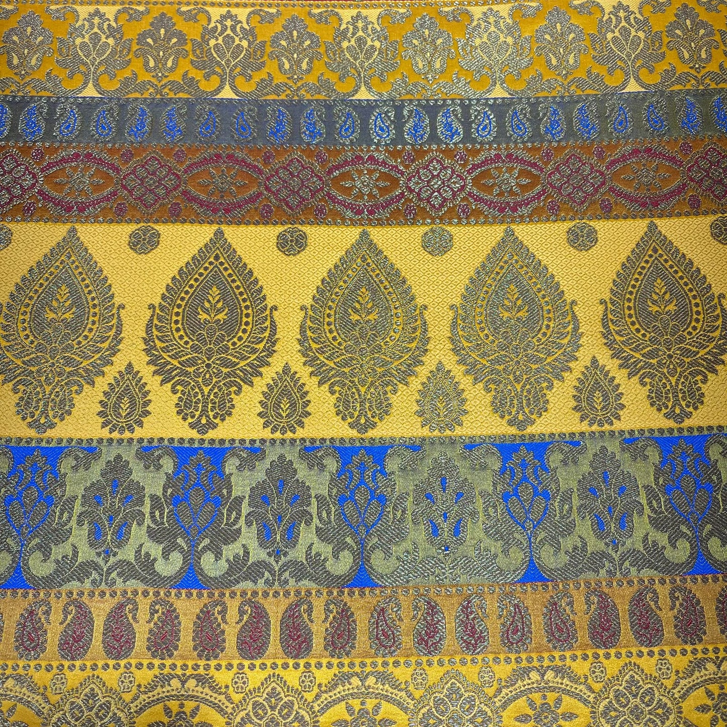 Multicolour - Mustard Blue Gold Floral Jacquard Ornamental Banarasi Brocade Bridal, Dressmaking, Costume Fabric 44" Wide By The Meter