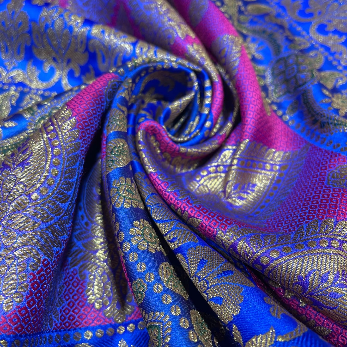Multicolour - Fuchsia Blue Gold Floral Jacquard Ornamental Banarasi Brocade Bridal, Dressmaking, Costume Fabric 44" Wide By The Meter