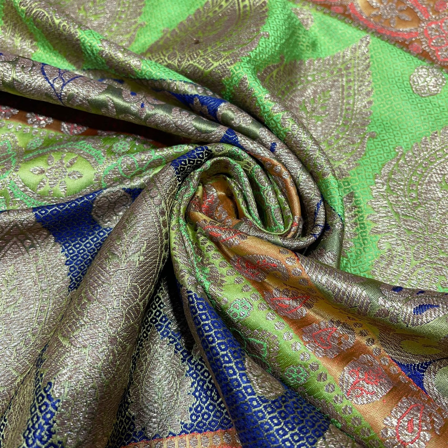 Multicolour - Mint Green Navy Gold Floral Jacquard Ornamental Banarasi Brocade Bridal, Dressmaking, Costume Fabric 44" Wide By The Meter