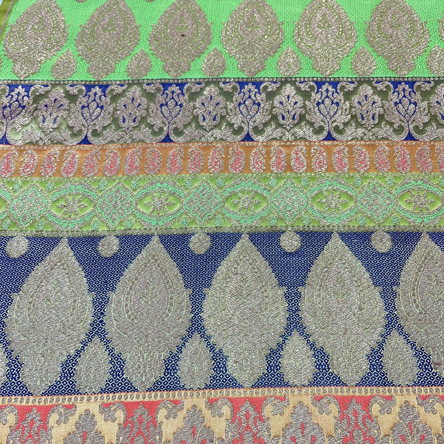 Multicolour - Mint Green Navy Gold Floral Jacquard Ornamental Banarasi Brocade Bridal, Dressmaking, Costume Fabric 44" Wide By The Meter