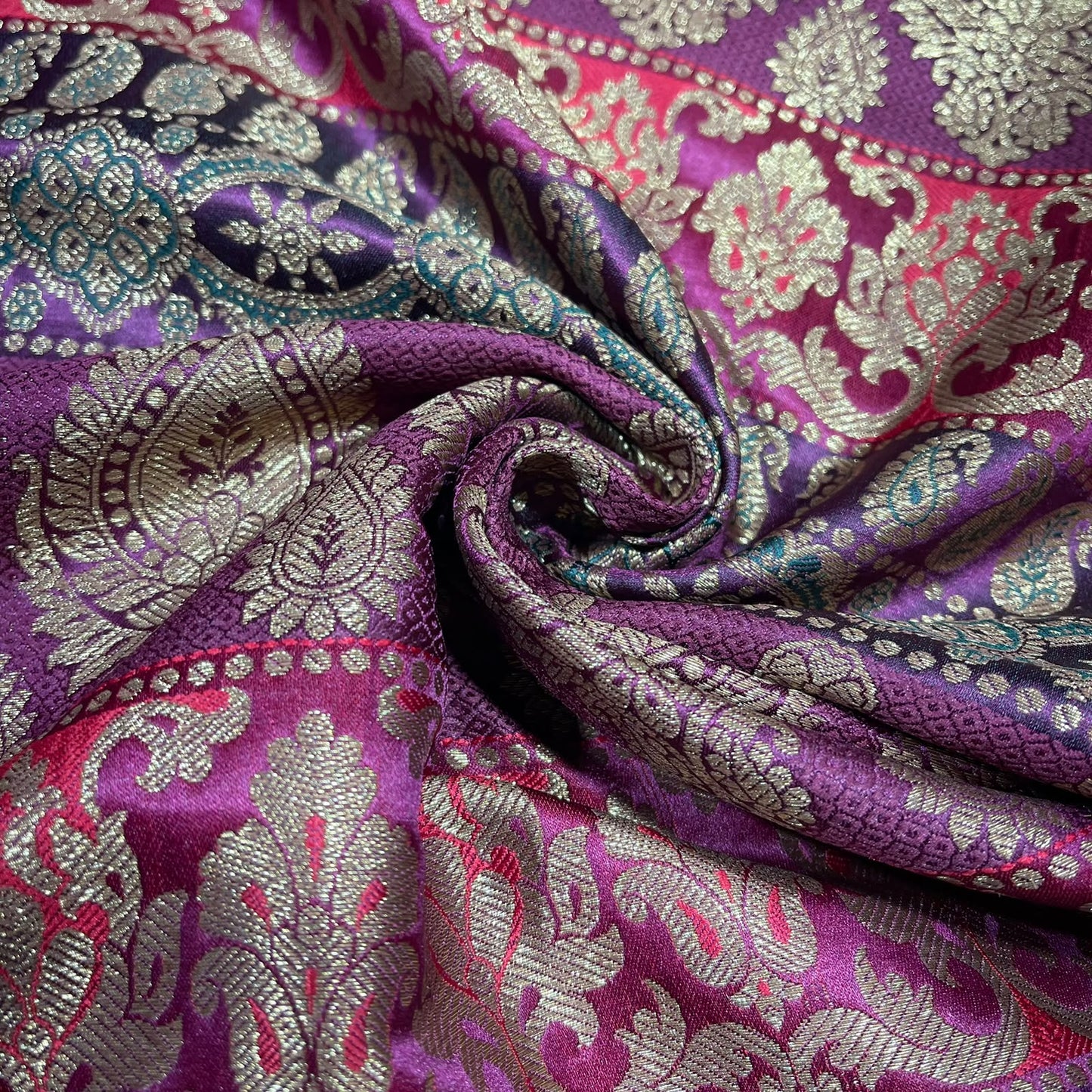 Multicolour - Purple Plum Gold Floral Jacquard Ornamental Banarasi Brocade Bridal, Dressmaking, Costume Fabric 44" Wide By The Meter