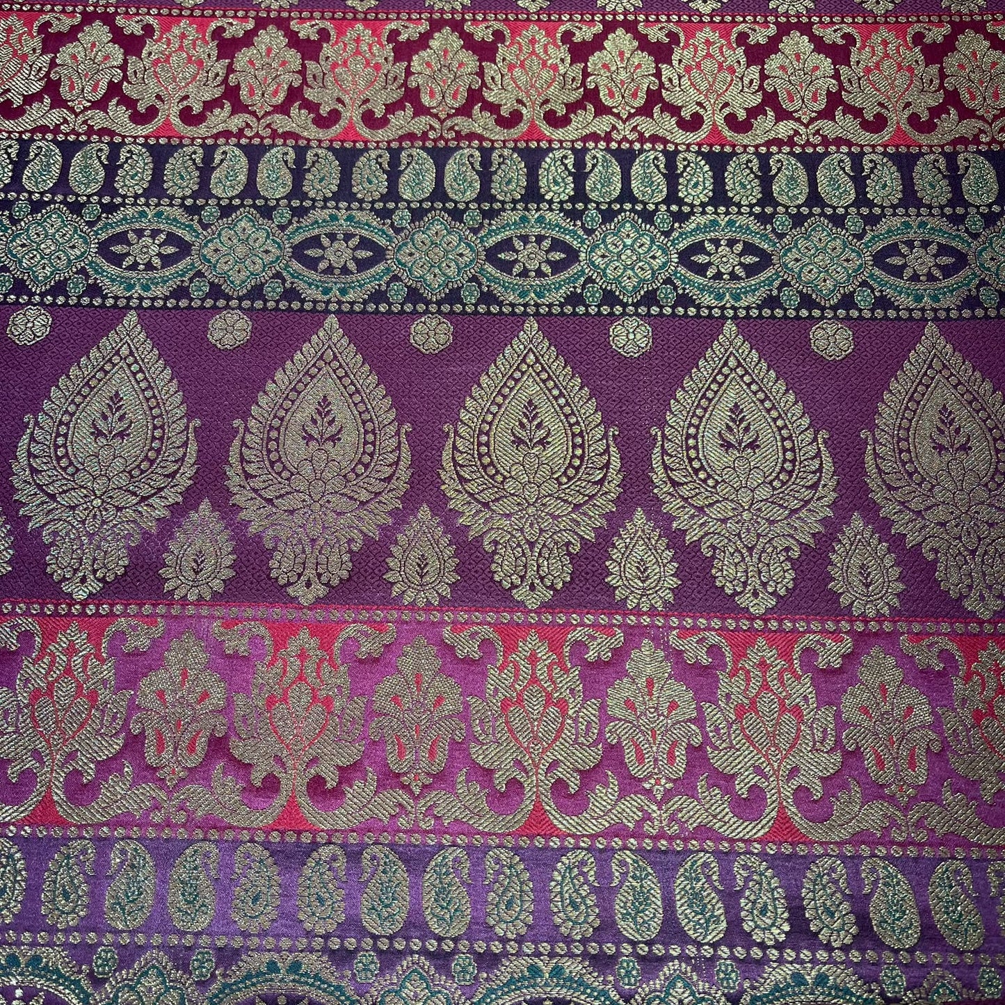 Multicolour - Purple Plum Gold Floral Jacquard Ornamental Banarasi Brocade Bridal, Dressmaking, Costume Fabric 44" Wide By The Meter