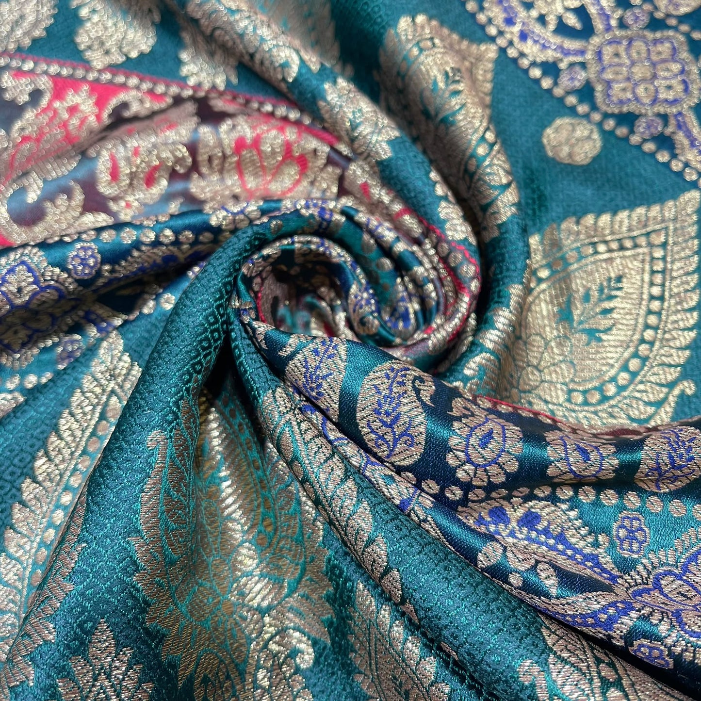 Multicolour - Teal Pink Gold Floral Jacquard Ornamental Banarasi Brocade Bridal, Dressmaking, Costume Fabric 44" Wide By The Meter