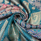Multicolour - Teal Pink Gold Floral Jacquard Ornamental Banarasi Brocade Bridal, Dressmaking, Costume Fabric 44" Wide By The Meter