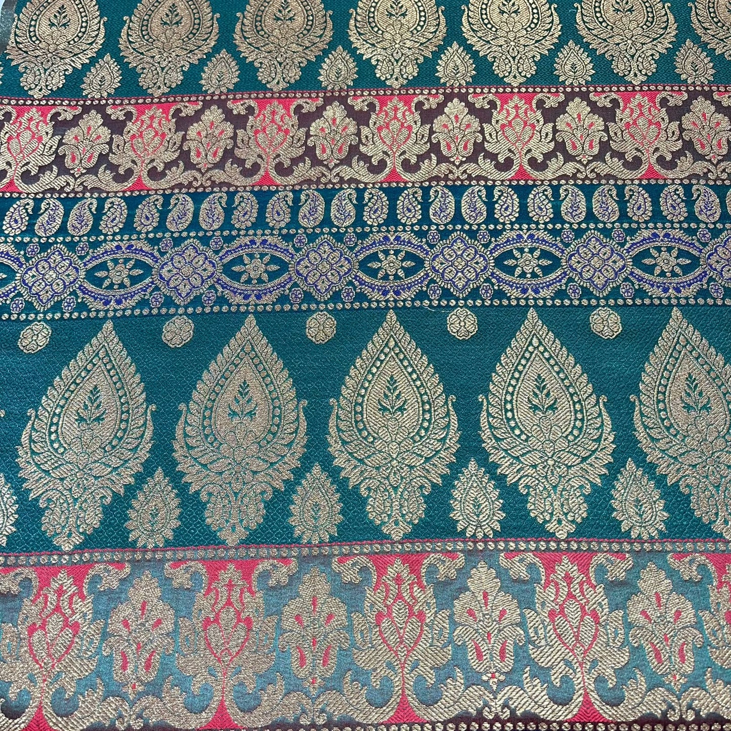 Multicolour - Teal Pink Gold Floral Jacquard Ornamental Banarasi Brocade Bridal, Dressmaking, Costume Fabric 44" Wide By The Meter