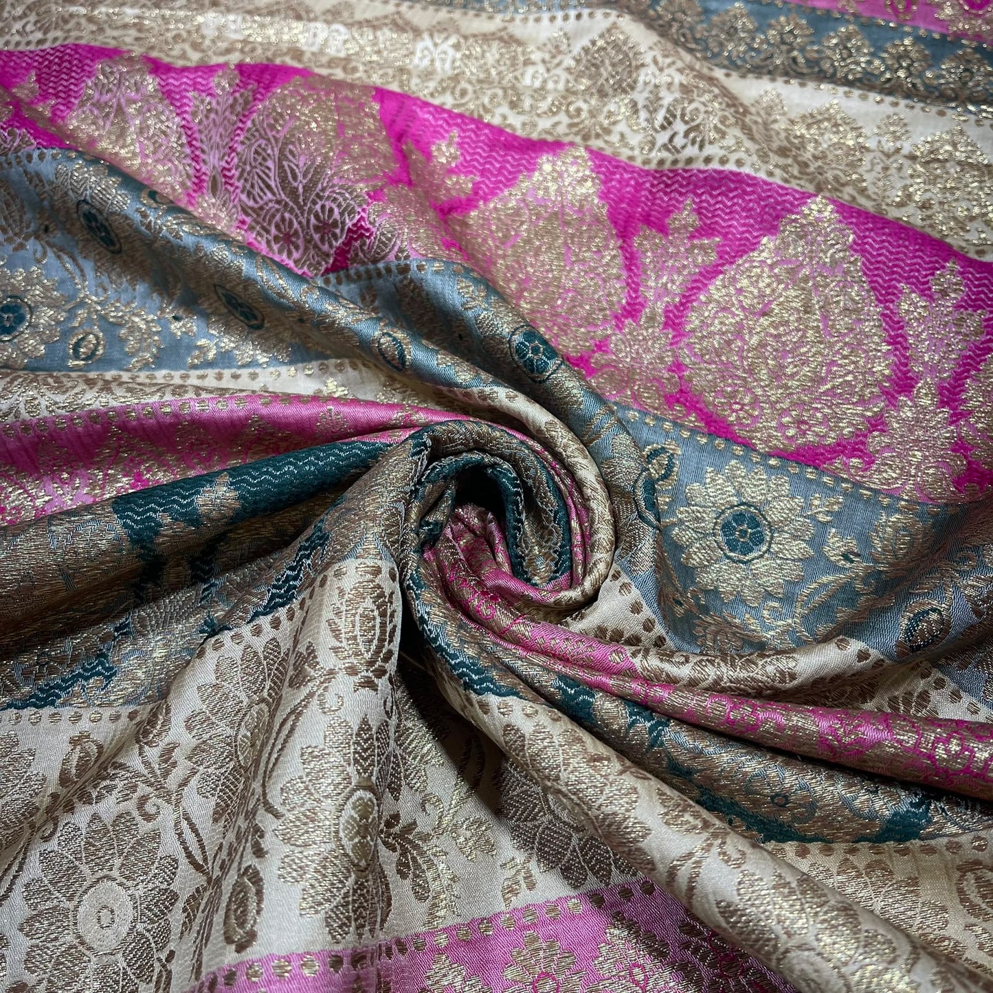 Multicolour - Fuchsia Ivory Gold Floral Jacquard Ornamental Banarasi Brocade Bridal, Dressmaking, Costume Fabric 44" Wide By The Meter