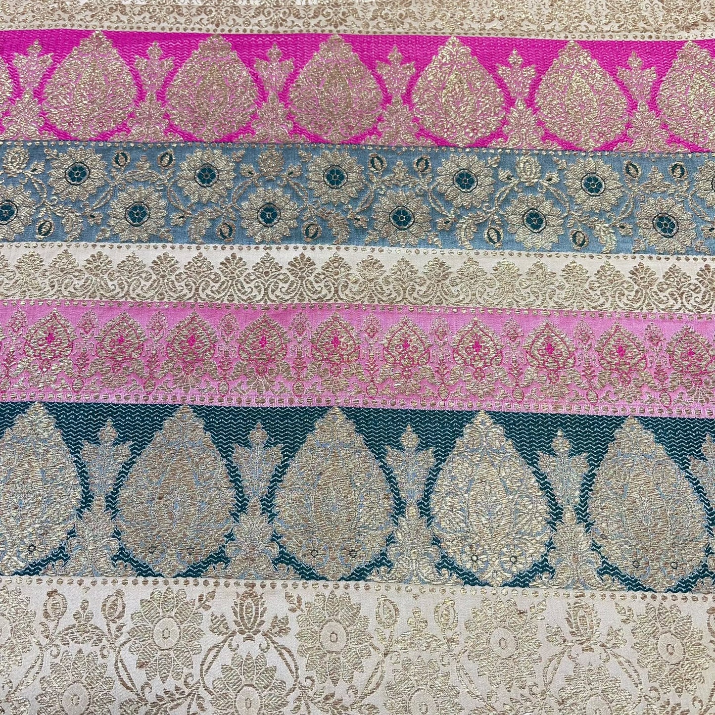 Multicolour - Fuchsia Ivory Gold Floral Jacquard Ornamental Banarasi Brocade Bridal, Dressmaking, Costume Fabric 44" Wide By The Meter