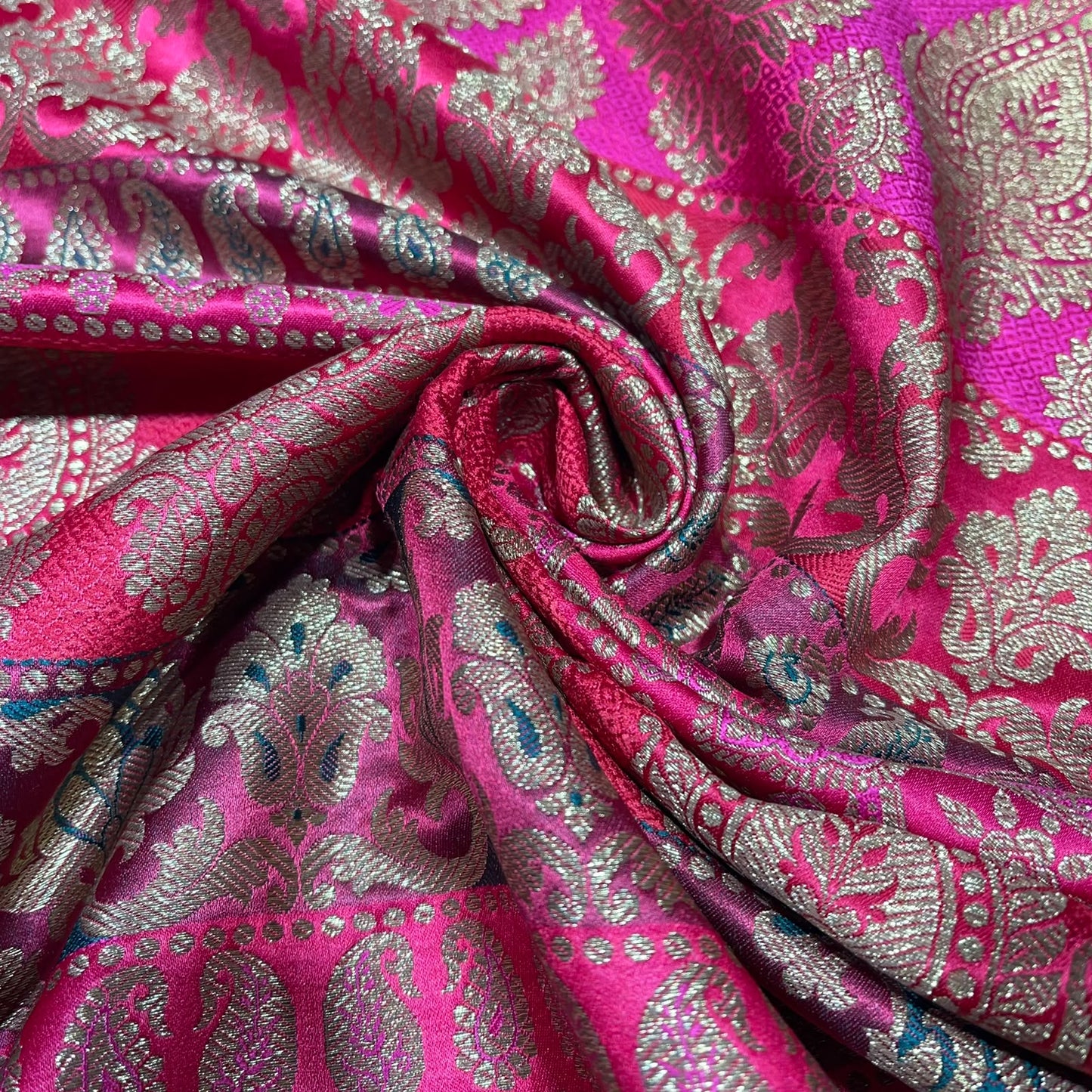 Multicolour - Hot Pink Gold Floral Jacquard Ornamental Banarasi Brocade Bridal, Dressmaking, Costume Fabric 44" Wide By The Meter