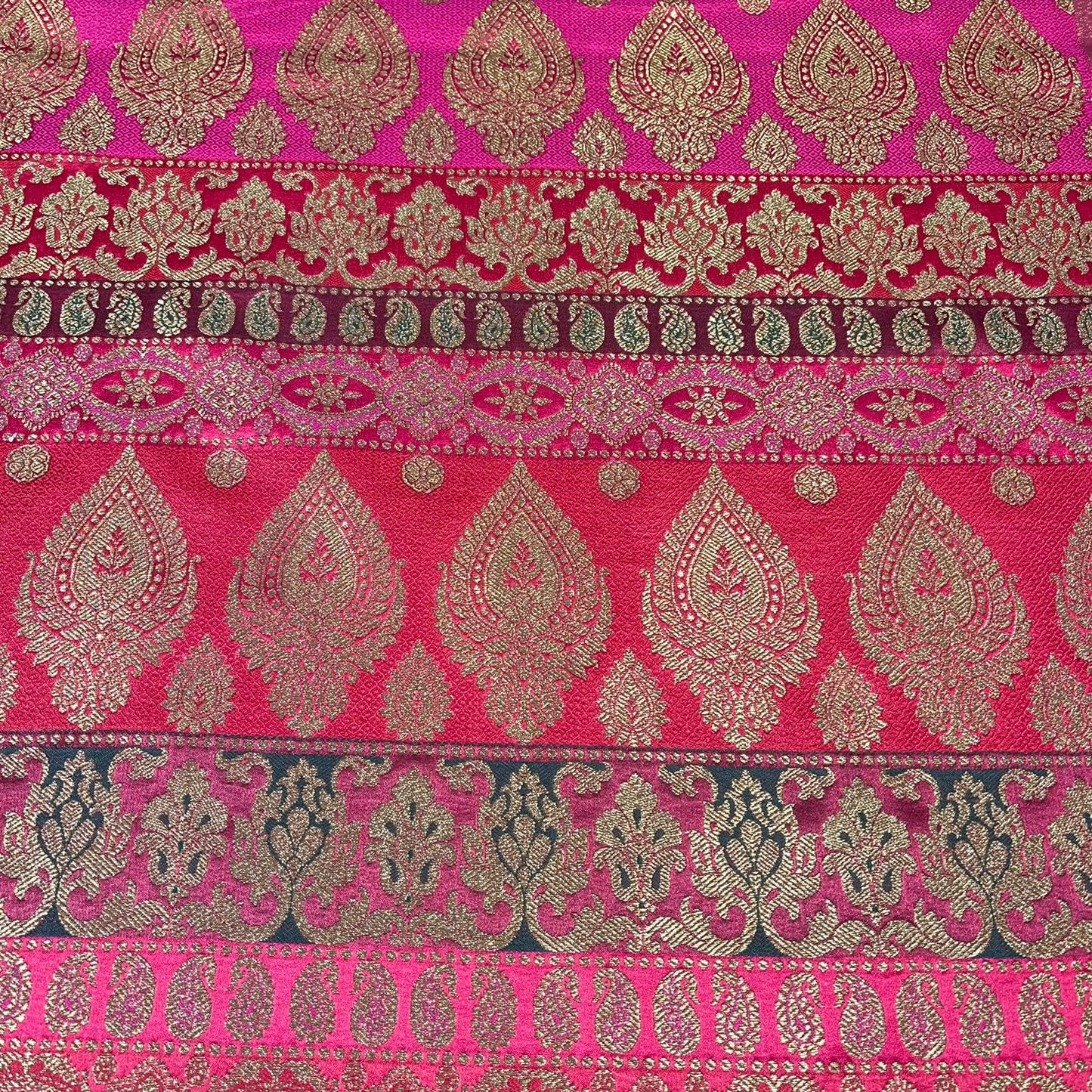 Multicolour - Hot Pink Gold Floral Jacquard Ornamental Banarasi Brocade Bridal, Dressmaking, Costume Fabric 44" Wide By The Meter