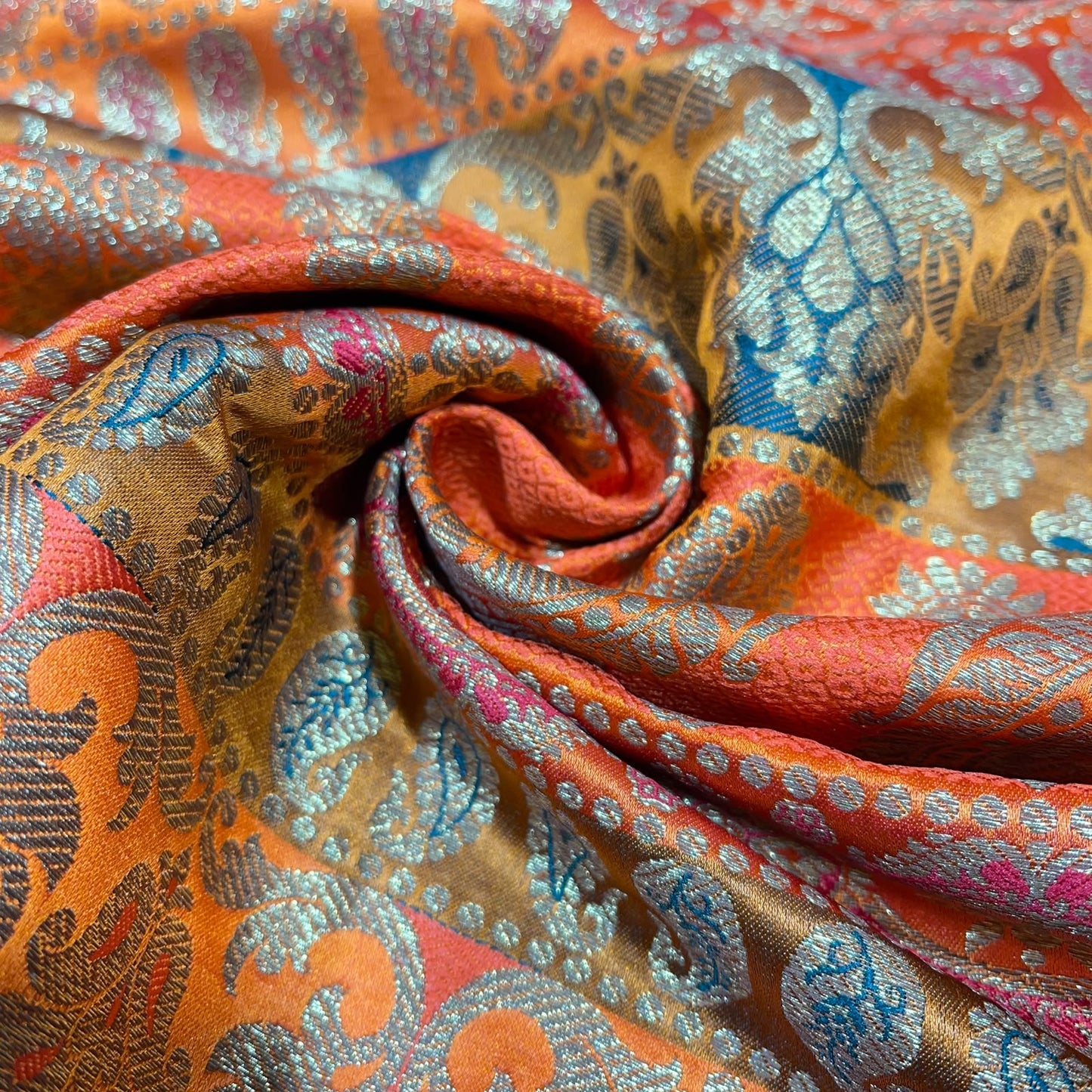 Multicolour - Orange Pink Gold Floral Jacquard Ornamental Banarasi Brocade Bridal, Dressmaking, Costume Fabric 44" Wide By The Meter