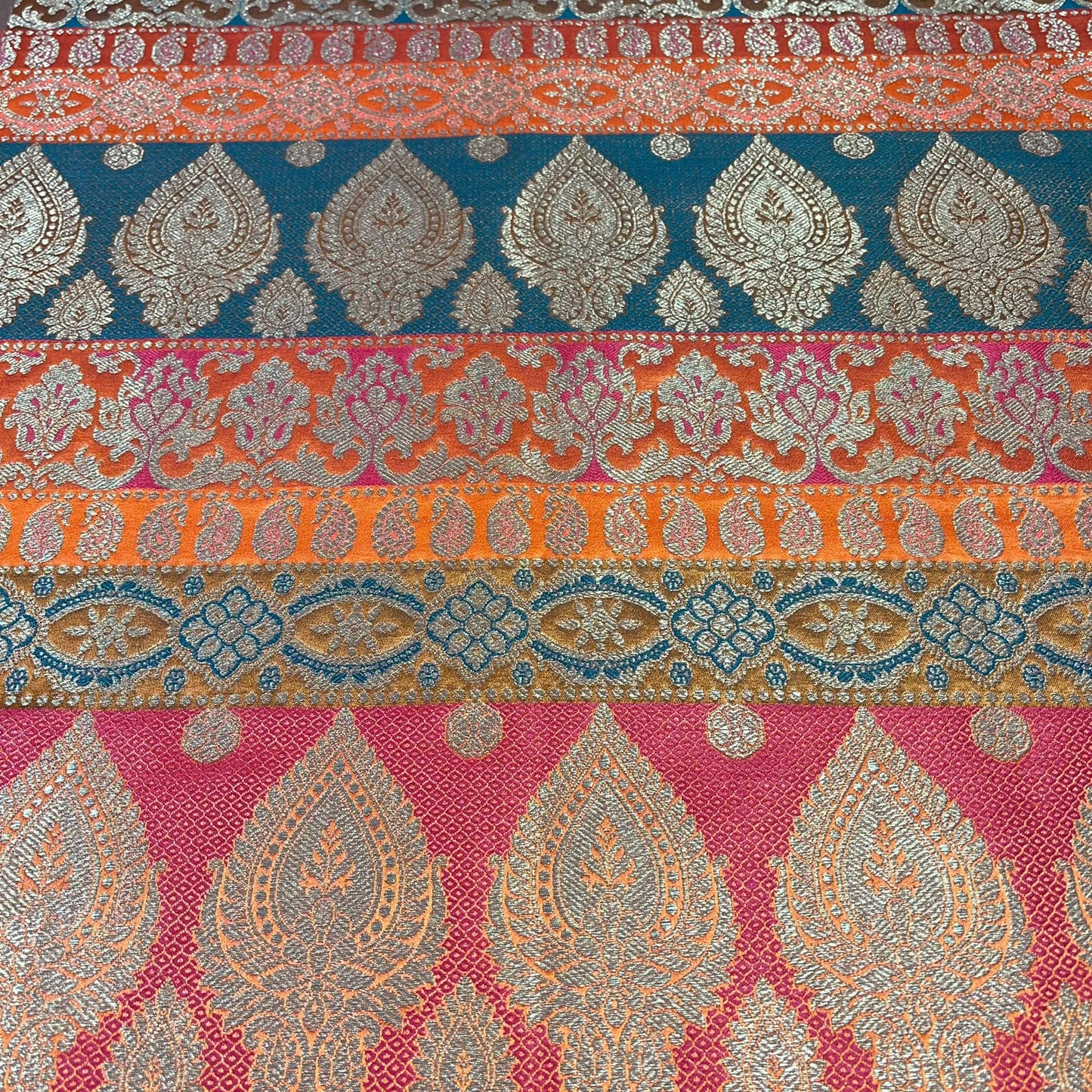 Multicolour - Orange Pink Gold Floral Jacquard Ornamental Banarasi Brocade Bridal, Dressmaking, Costume Fabric 44" Wide By The Meter