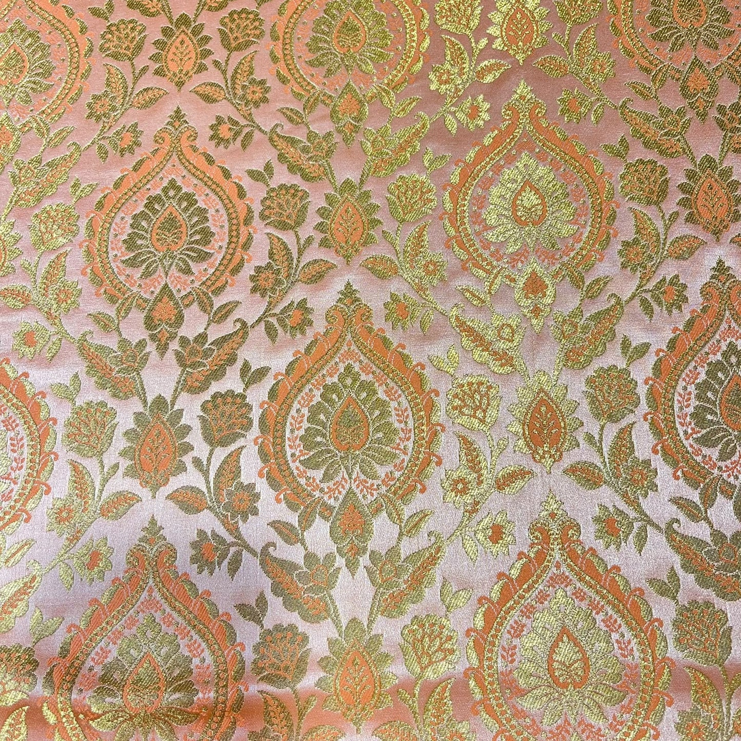 Peach Floral Weave Banarasi Brocade Bridal, Dressmaking, Costume Fabric 44" Wide By The Meter