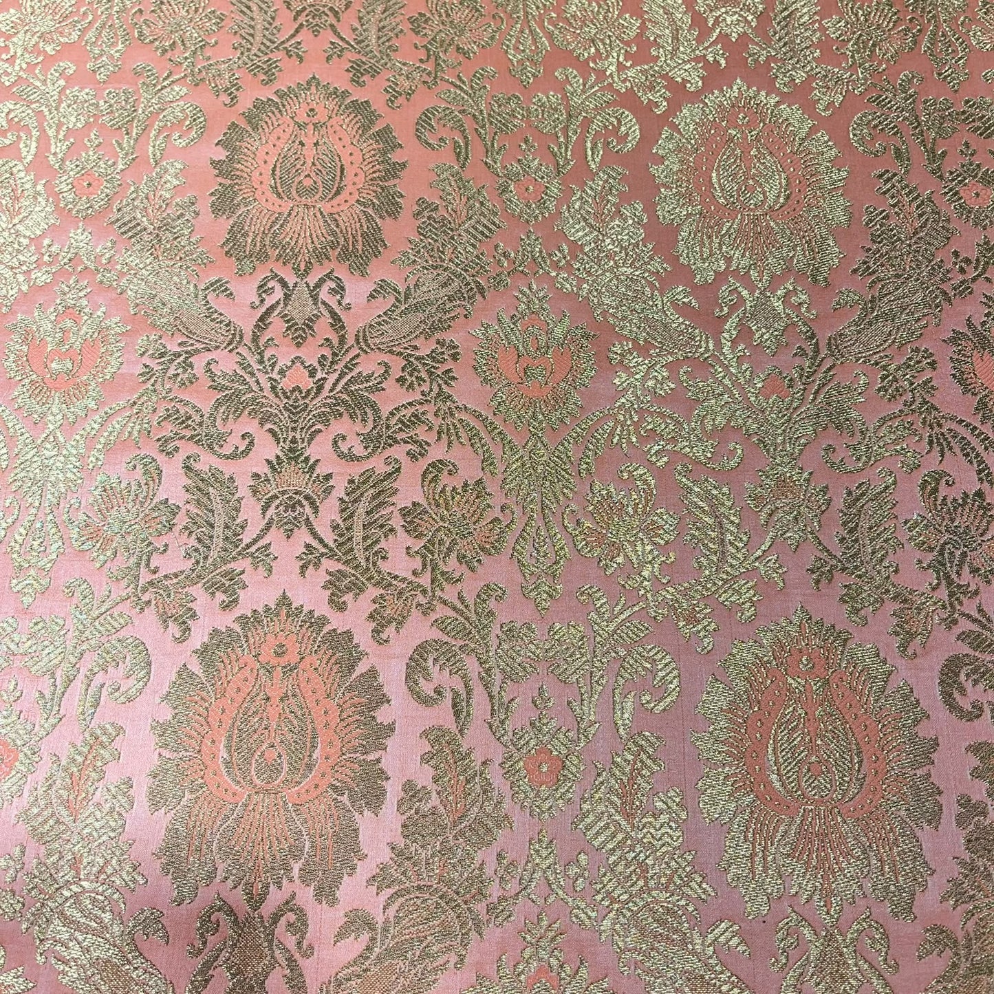 Coral Pink Tulip Damask Banarasi Brocade Bridal, Dressmaking, Costume Fabric 44" Wide By The Meter
