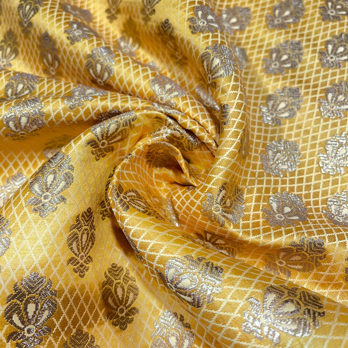 Mustard Yellow Royal Emblem Banarasi Brocade Bridal, Dressmaking, Costume Fabric 44" Wide By The Meter