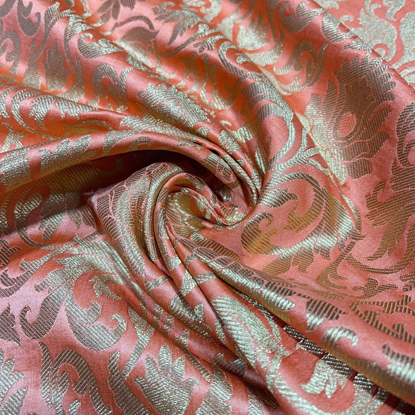 Peach Floral Tulip Banarasi Brocade Bridal, Dressmaking, Costume Fabric 44" Wide By The Meter