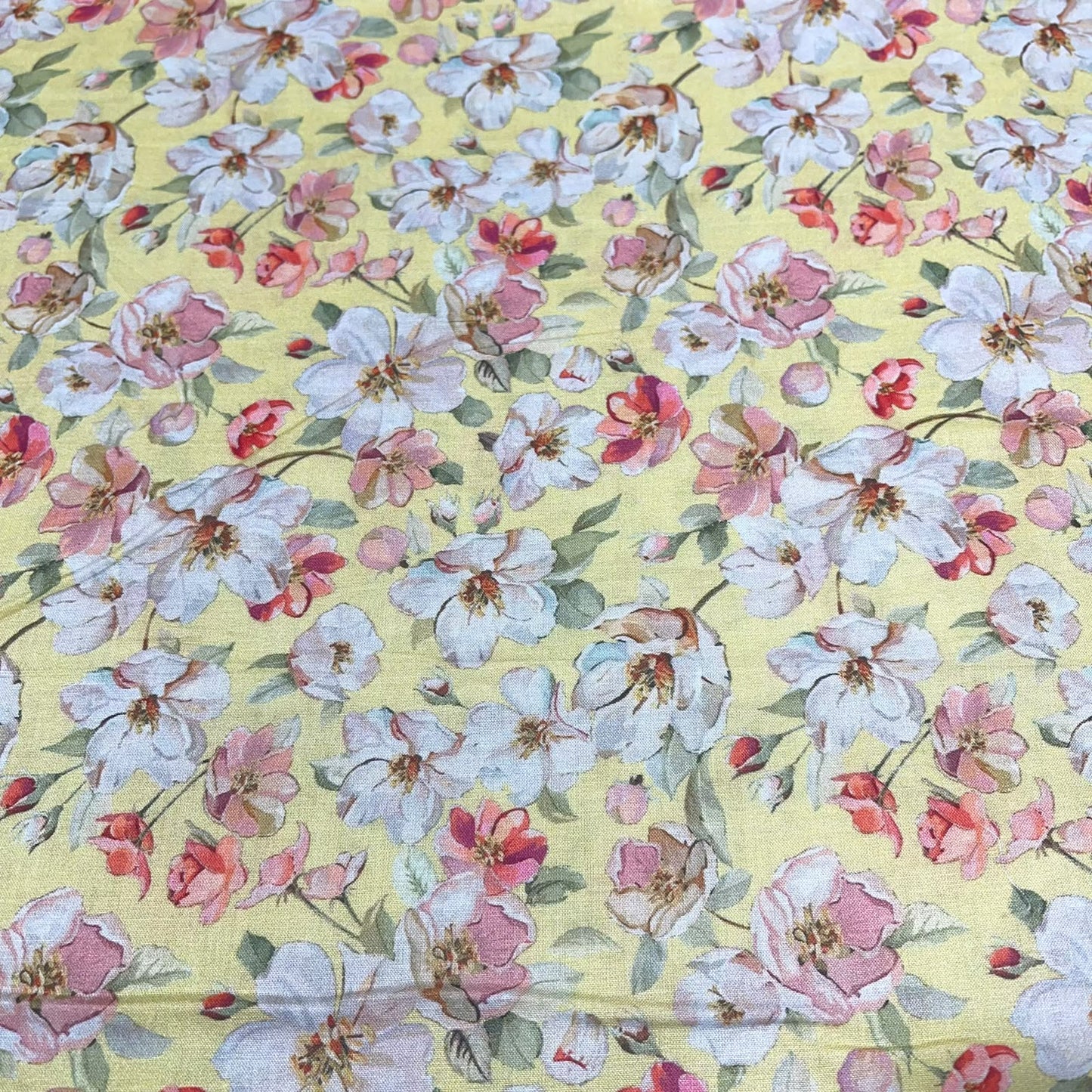 Yellow Floral Blossom Printed Digital 100% Cotton Dressmaking Costume Craft Fabric 44" Wide By The Meter