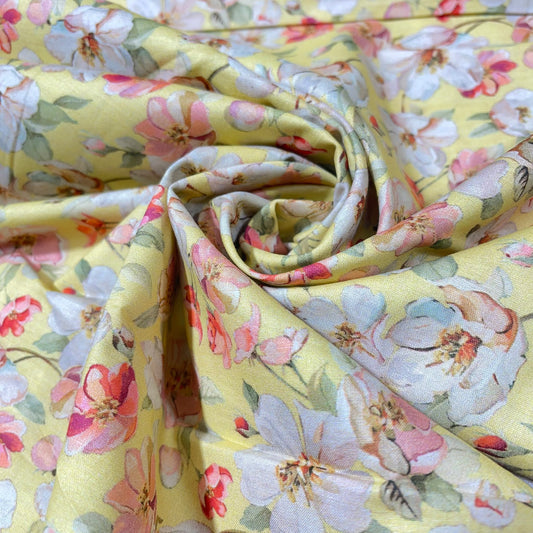 Yellow Floral Blossom Printed Digital 100% Cotton Dressmaking Costume Craft Fabric 44" Wide By The Meter