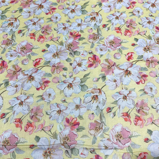 Yellow Floral Blossom Printed Digital 100% Cotton Dressmaking Costume Craft Fabric 44" Wide By The Meter