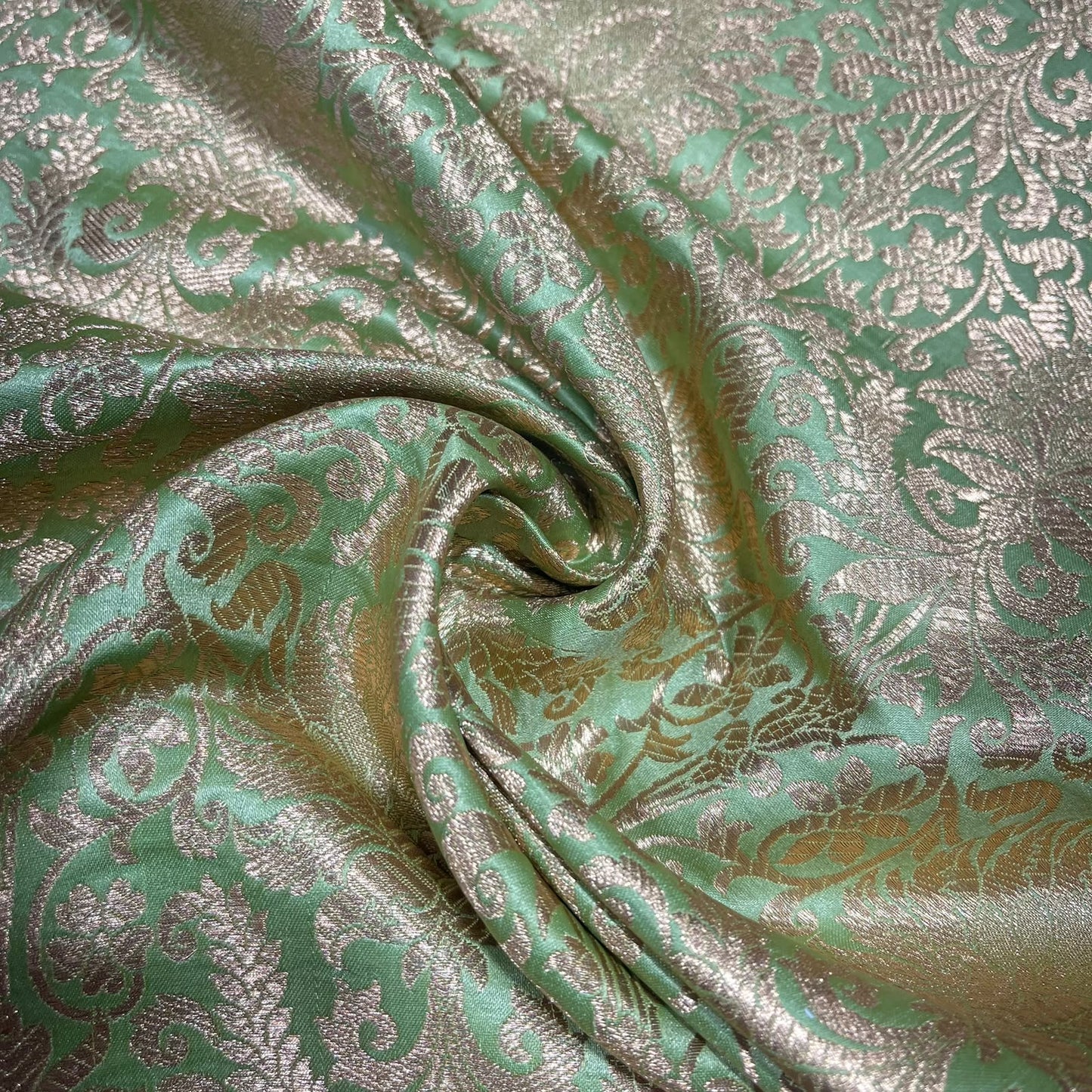 Mint Green Leaf Banarasi Brocade Bridal, Dressmaking, Costume Fabric 44" Wide By The Meter
