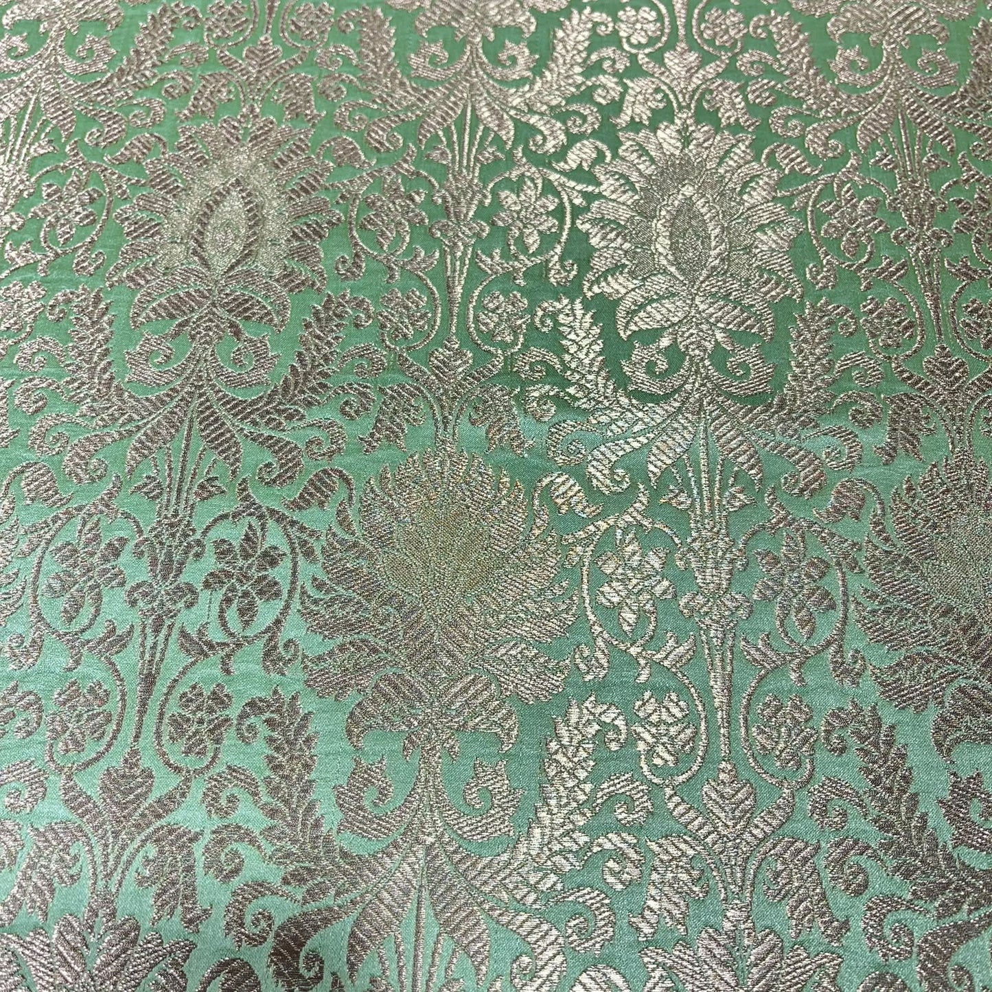 Mint Green Leaf Banarasi Brocade Bridal, Dressmaking, Costume Fabric 44" Wide By The Meter