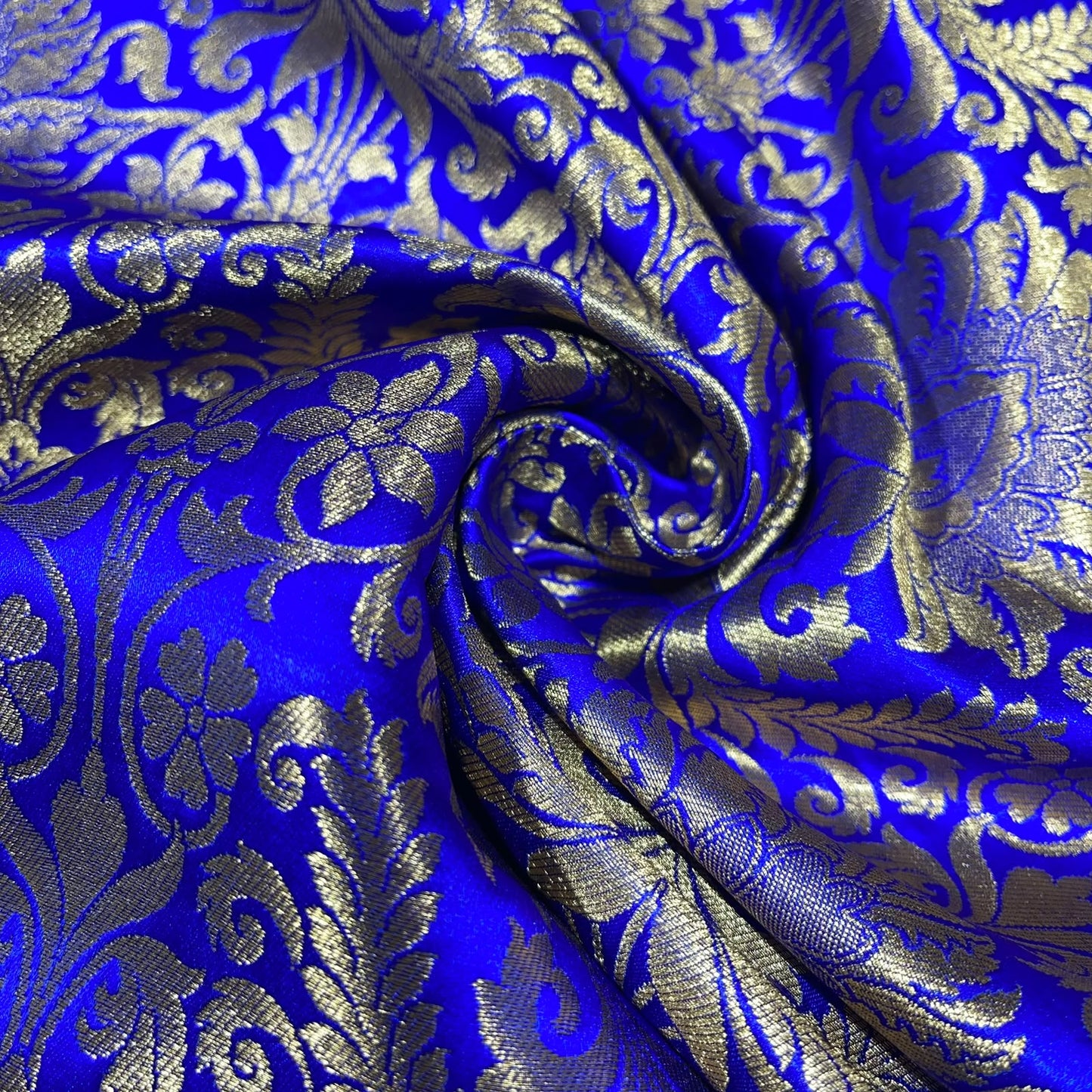 Royal Blue Leaf Banarasi Brocade Bridal, Dressmaking, Costume Fabric 44" Wide By The Meter