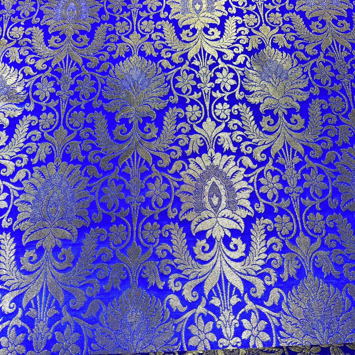 Royal Blue Leaf Banarasi Brocade Bridal, Dressmaking, Costume Fabric 44" Wide By The Meter