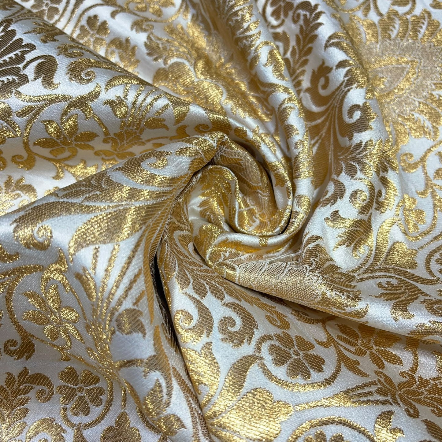 Ivory Leaf Banarasi Brocade Bridal, Dressmaking, Costume Fabric 44" Wide By The Meter