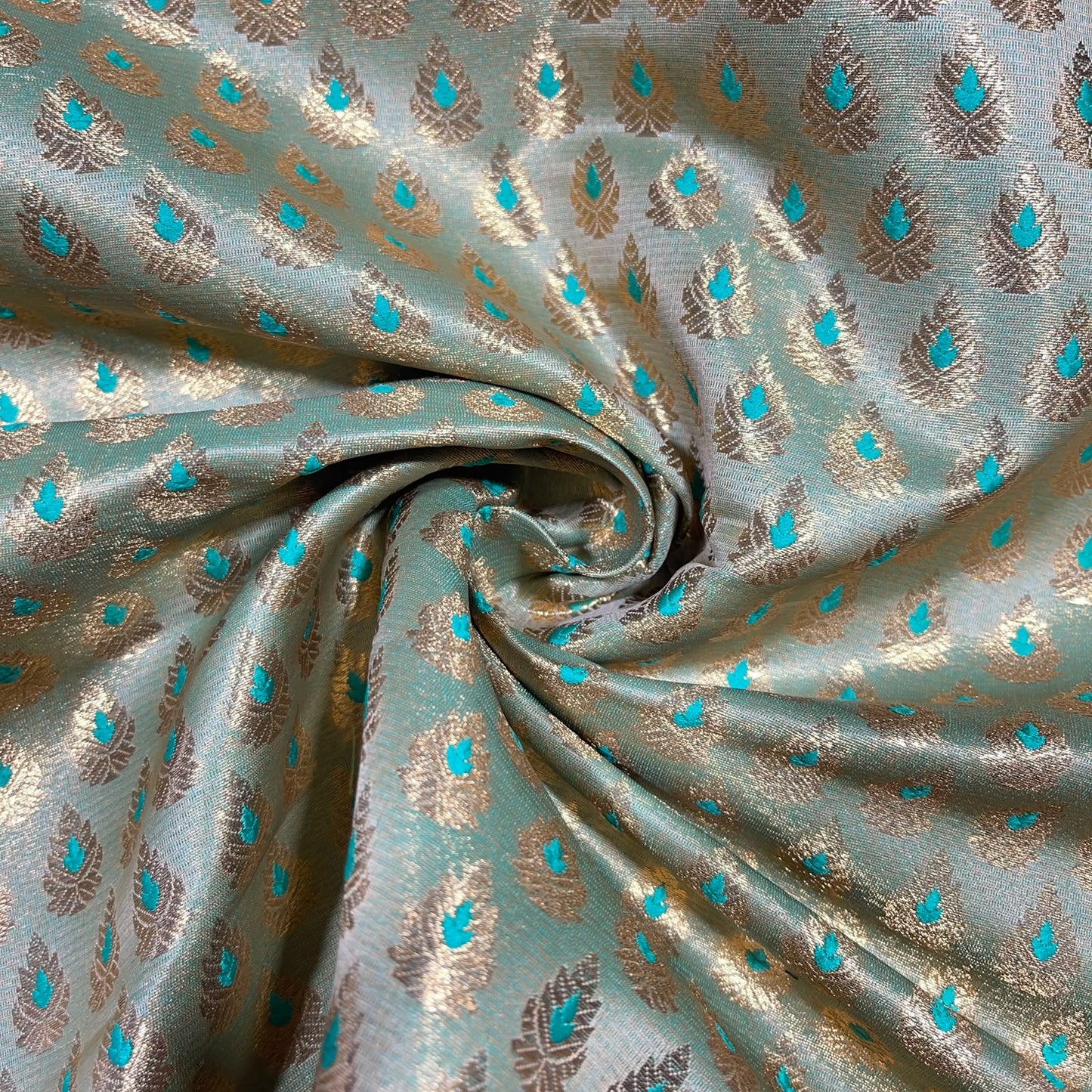 Sea Green Leaf Jacquard Banarasi Brocade Bridal, Dressmaking, Costume Fabric 44" Wide By The Meter