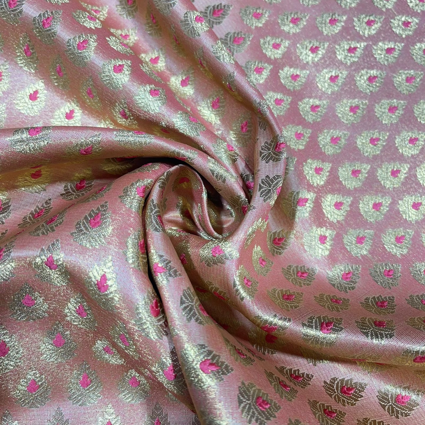 Hot Pink Leaf Jacquard Banarasi Brocade Bridal, Dressmaking, Costume Fabric 44" Wide By The Meter