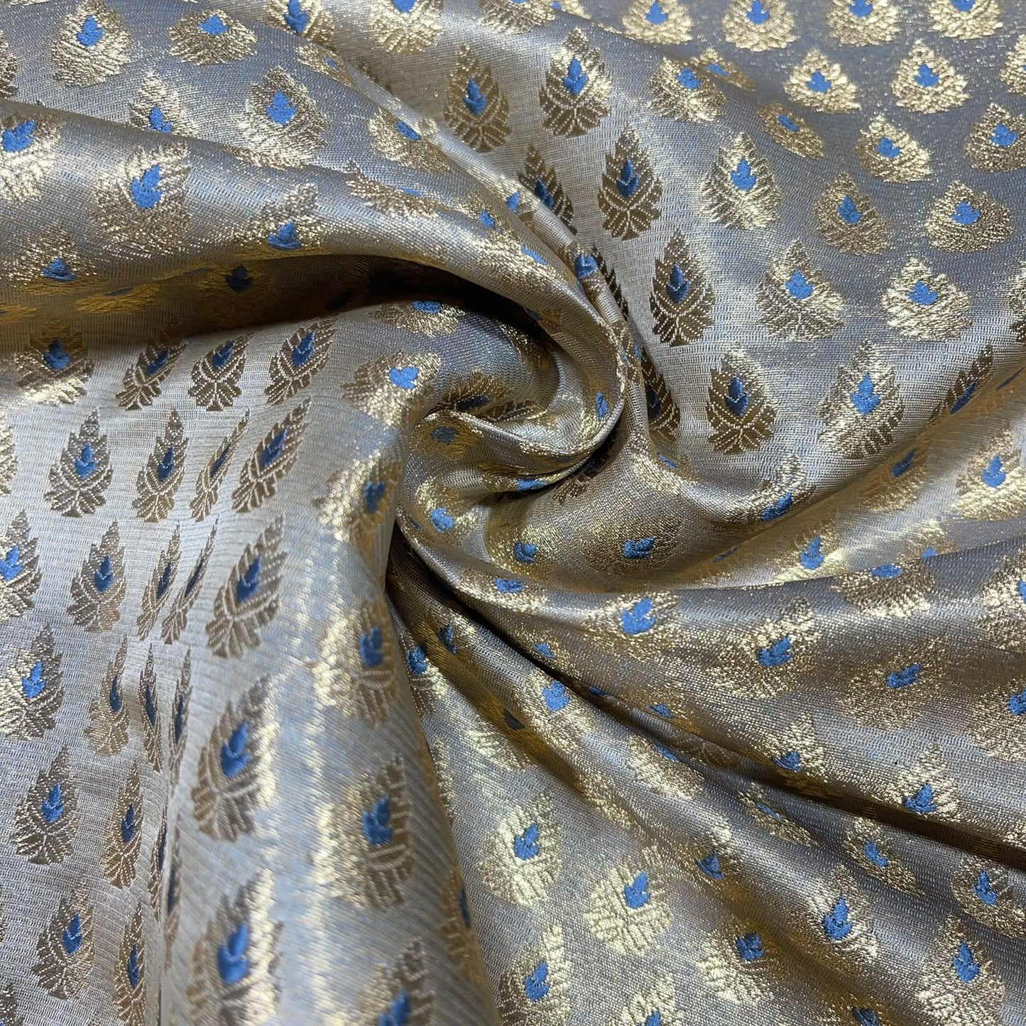 Grey Leaf Jacquard Banarasi Brocade Bridal, Dressmaking, Costume Fabric 44" Wide By The Meter