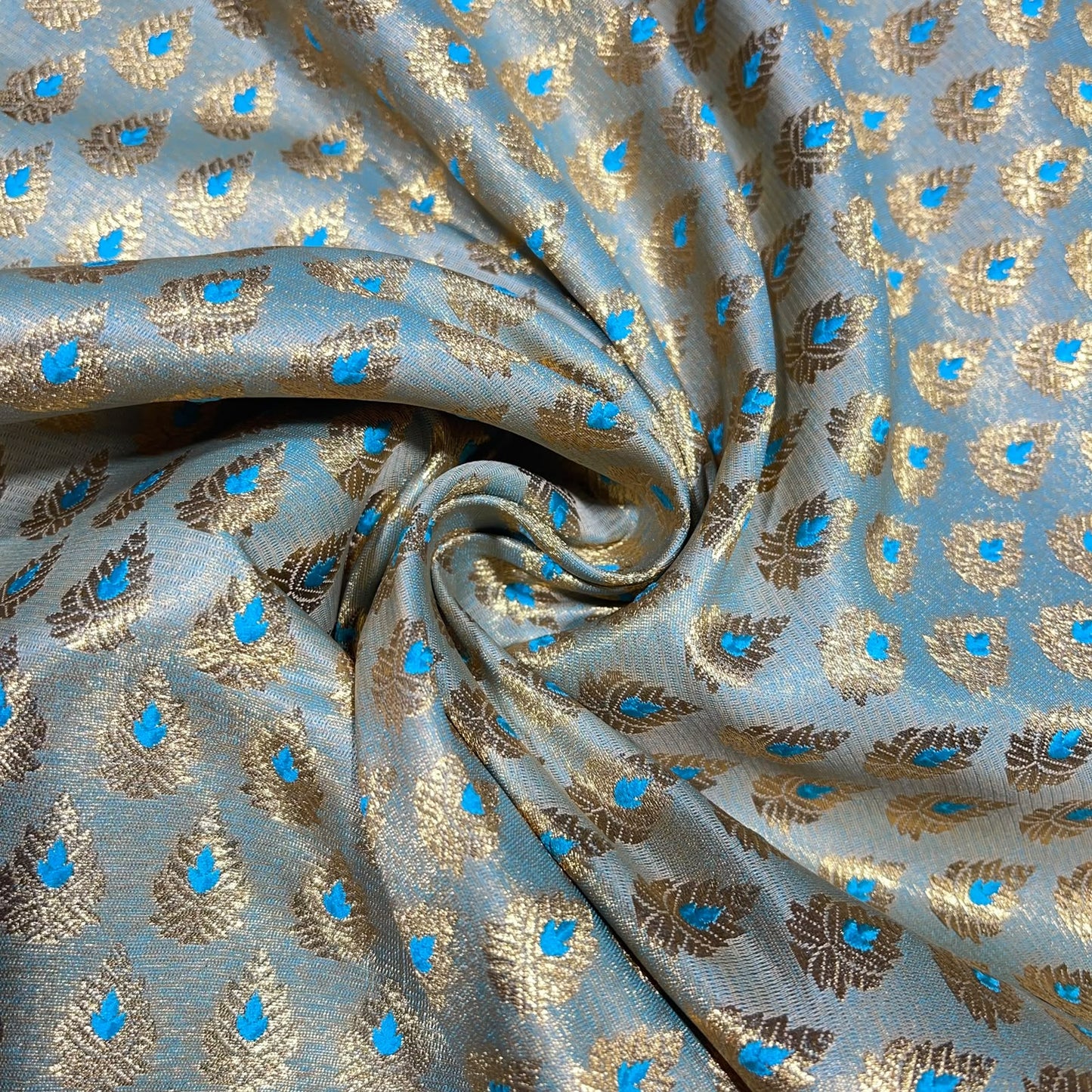 Turquoise Leaf Jacquard Banarasi Brocade Bridal, Dressmaking, Costume Fabric 44" Wide By The Meter