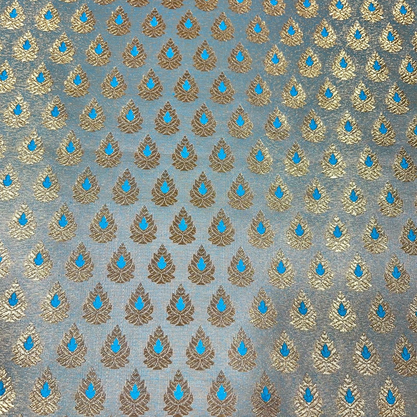 Turquoise Leaf Jacquard Banarasi Brocade Bridal, Dressmaking, Costume Fabric 44" Wide By The Meter