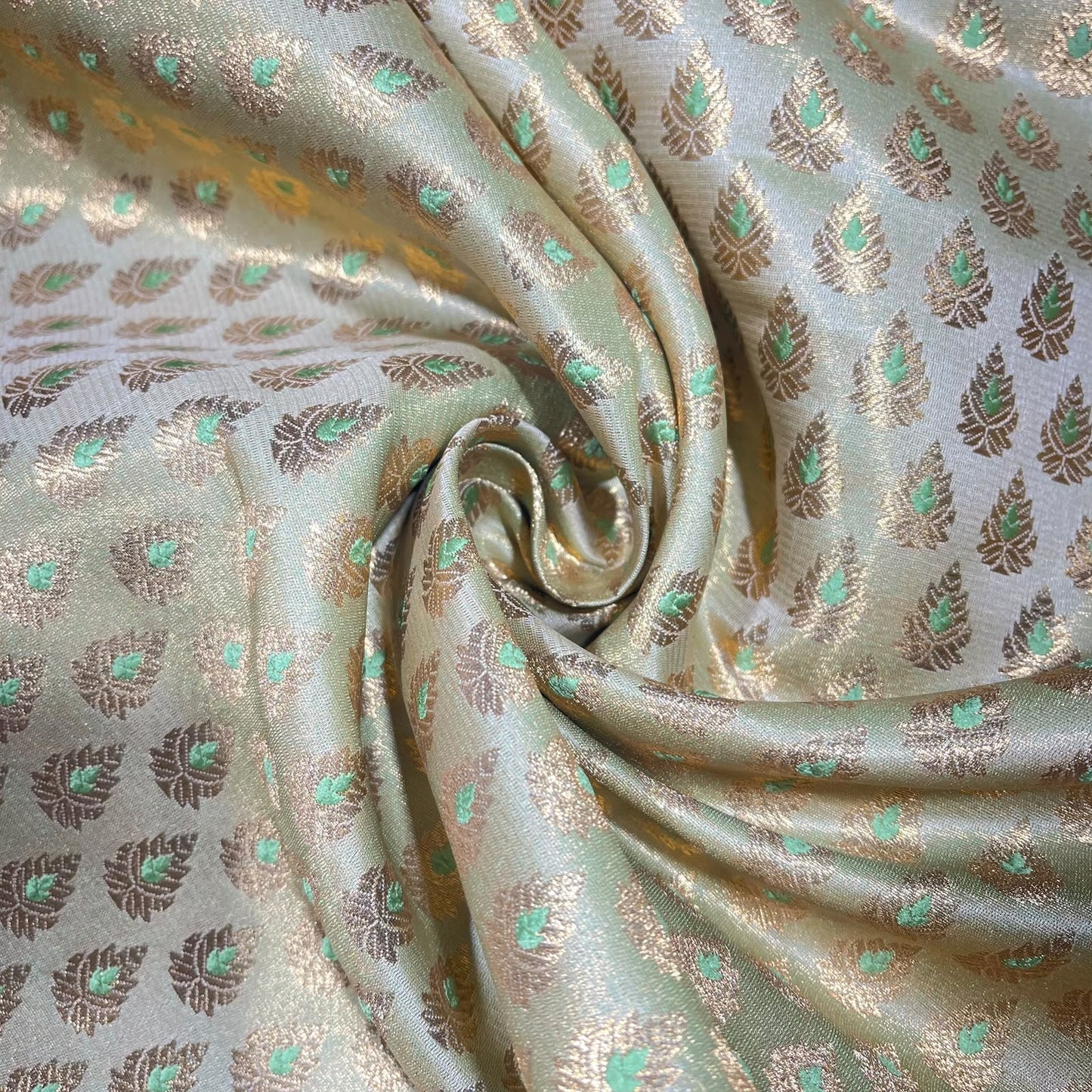 Mint Green Leaf Jacquard Banarasi Brocade Bridal, Dressmaking, Costume Fabric 44" Wide By The Meter