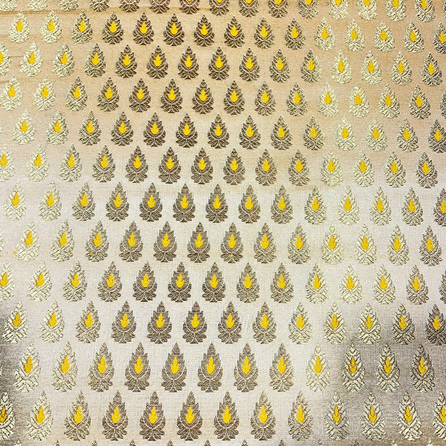 Yellow Gold Leaf Jacquard Banarasi Brocade Bridal, Dressmaking, Costume Fabric 44" Wide By The Meter