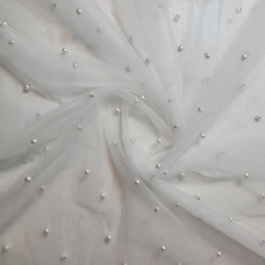 White Pearl Beaded Soft Tulle Mesh Fabric Embellished Net Material 58" Wide By The Meter