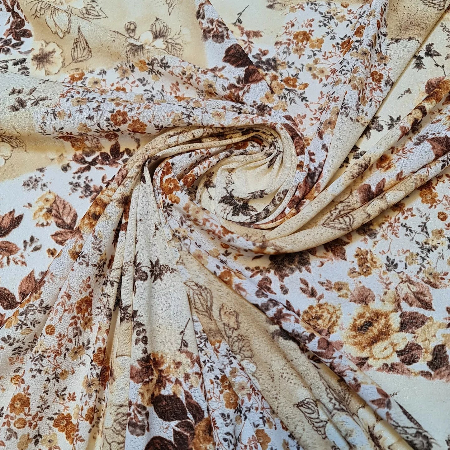 Beige Floral Crepe Fabric Sheer Dress Craft Material 58" By the Meter