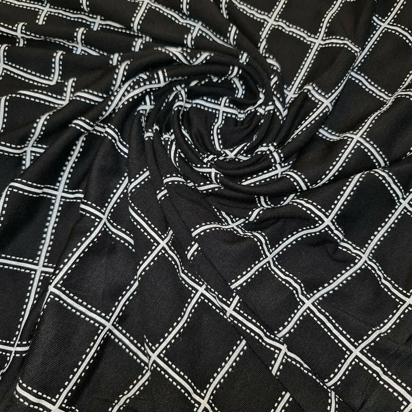 Black Check Viscose Jersey Fabric Dress Craft Costume Material 58" By The Meter