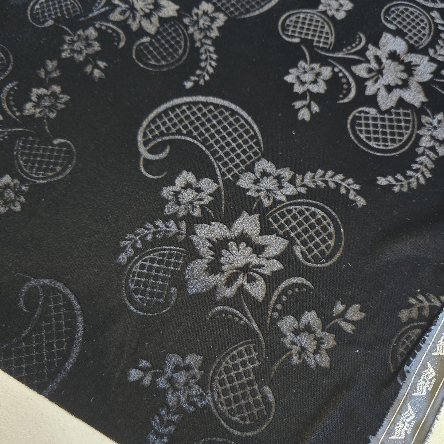 Black Floral Embossed Micro Velvet Luxury Fabric Dress Craft Costume Decor Material 58" By The Meter
