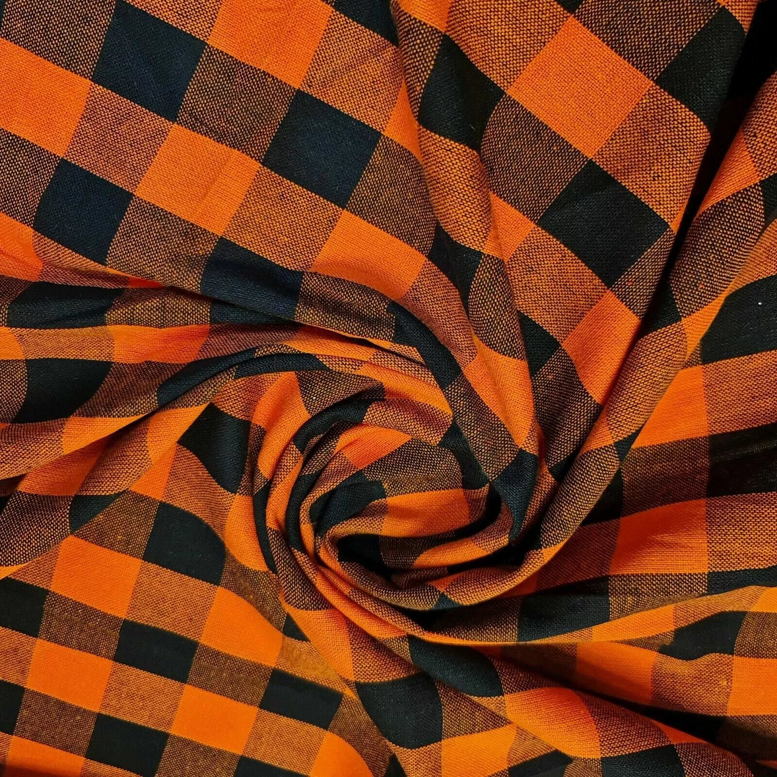 bright orange check fabric cotton gingham  material
