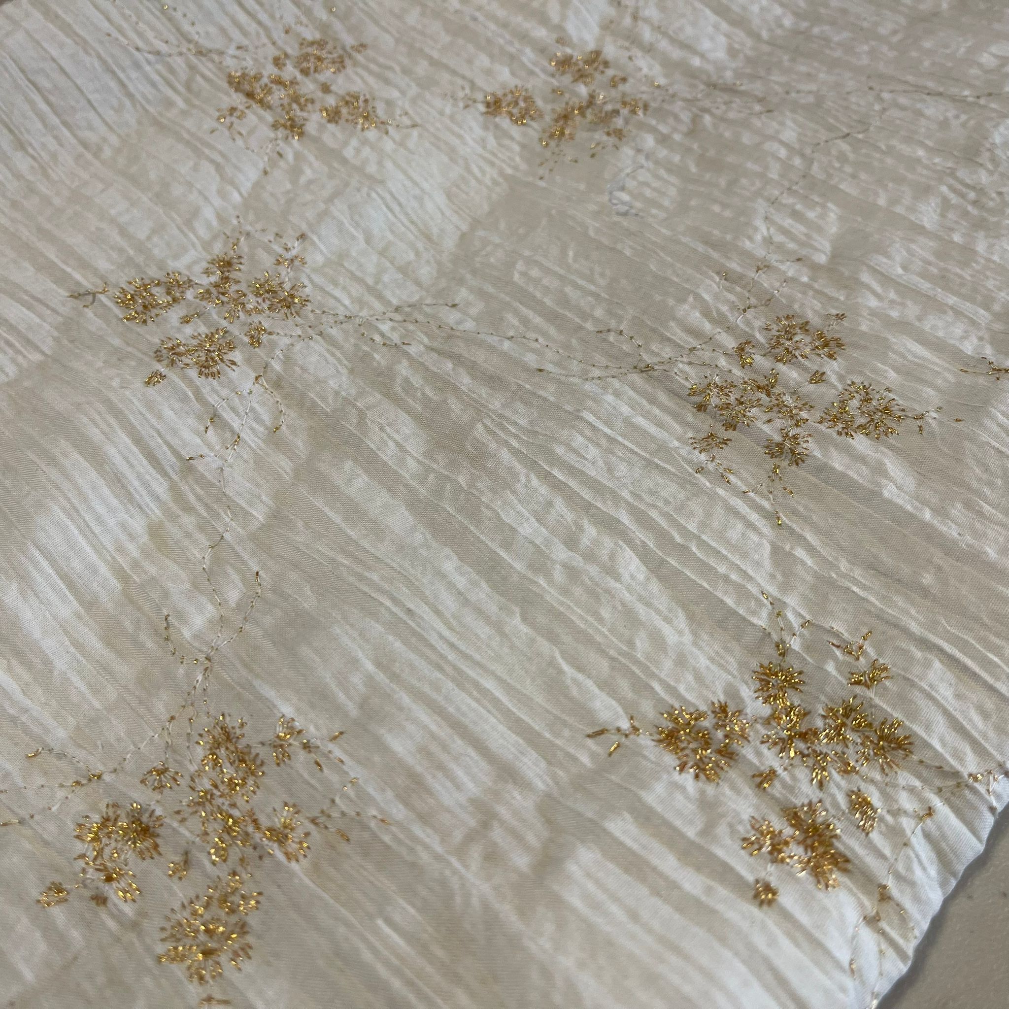 Cream Floral Metallic Embroidery 100% Cotton Crush Fabric Crinkle Craf ...