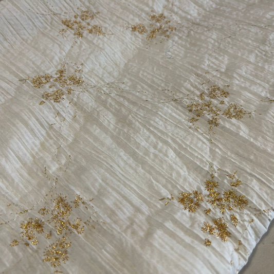 Cream Floral Metallic Embroidery 100% Cotton Crush Fabric Crinkle Craft Dress Costume Material 50 " By The Meter