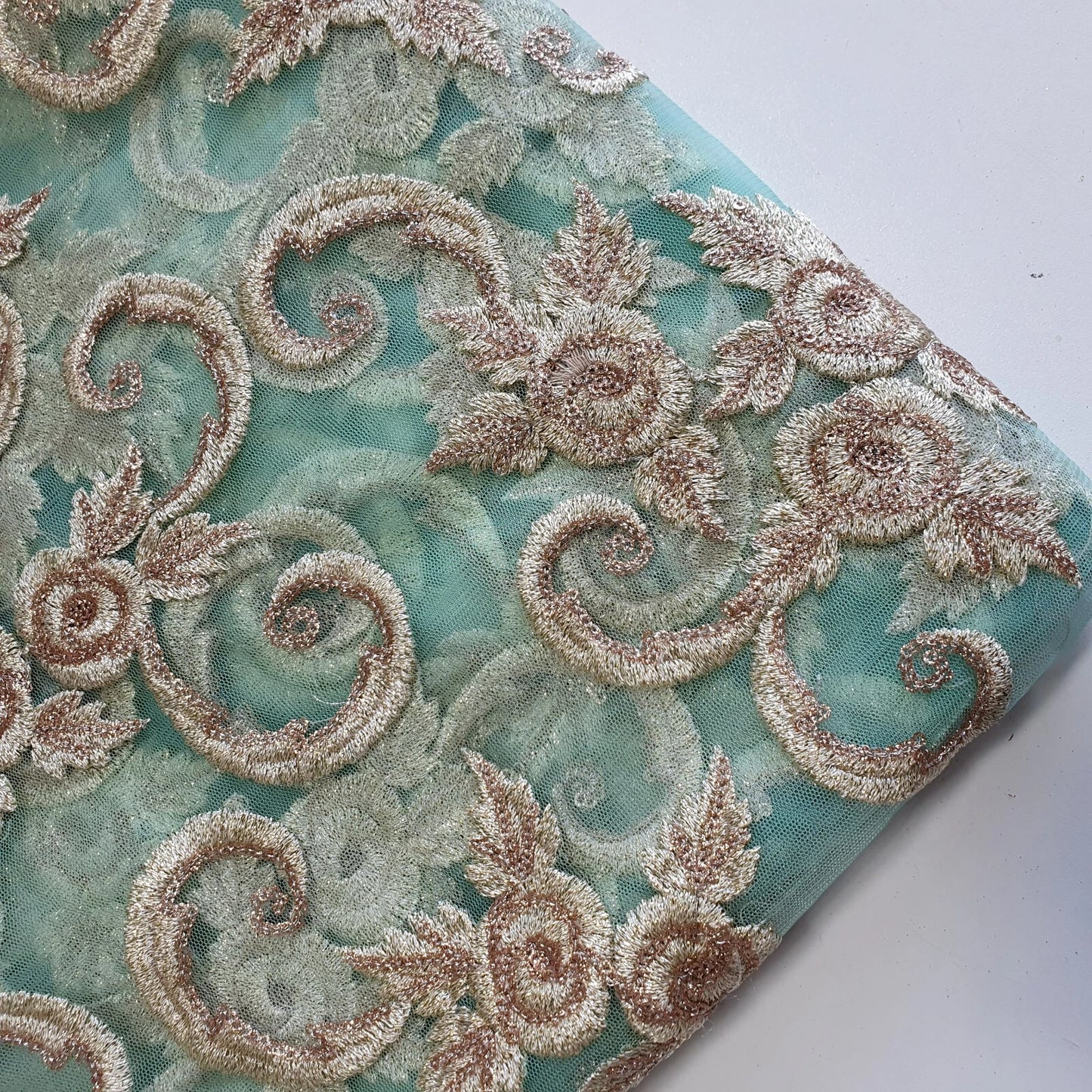 Mint Luxury Floral Embroidered Net Fabric – Designer Mesh Fabric 44" By The Meter