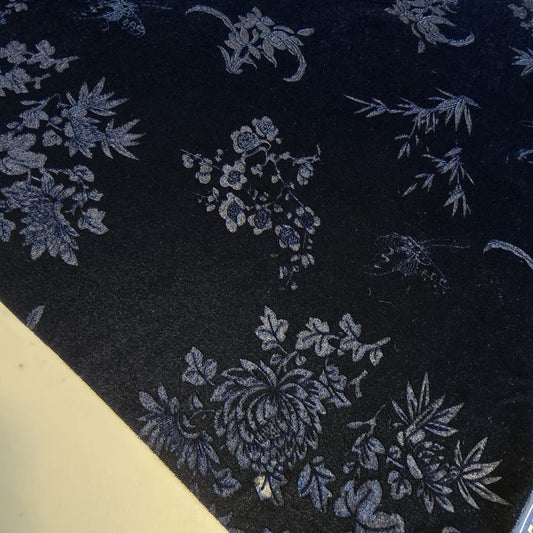 Navy Blue Floral Embossed Micro Velvet Luxury Fabric Dress Craft Costume Decor Material 58" By The Meter