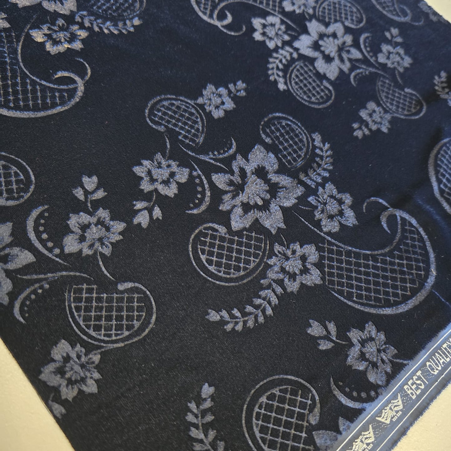 Navy Blue Floral Embossed Micro Velvet Luxury Fabric Dress Craft Costume Decor Material 58" By The Meter