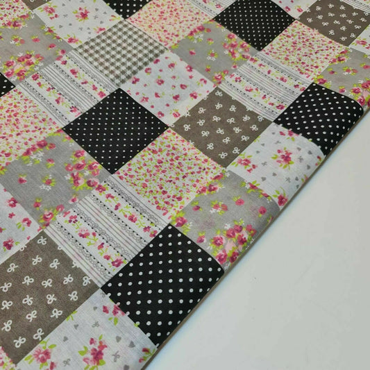 Black Floral Gingham Spots Patchwork Poly Cotton Fabric Polycotton Craft Material 45" By the Meter