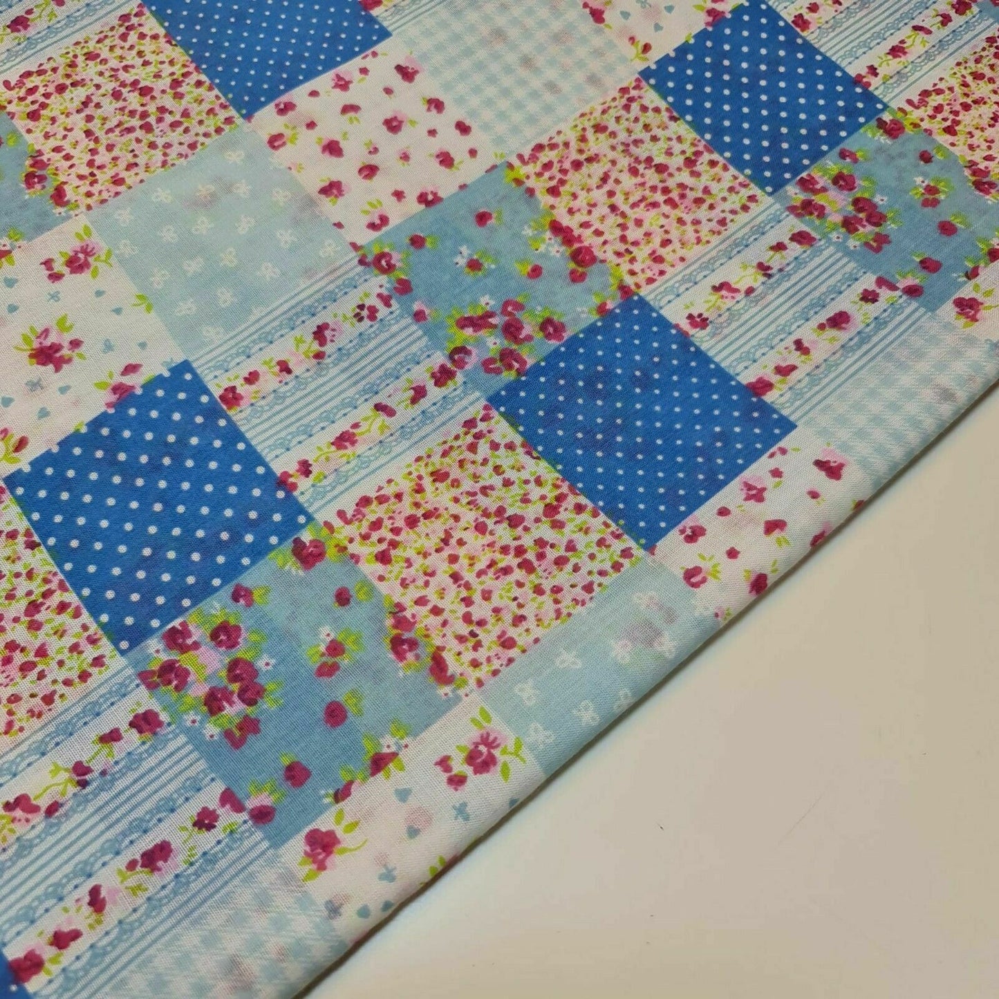 Blue Floral Gingham Spots Patchwork Poly Cotton Fabric Polycotton Craft Material 45" By the Meter