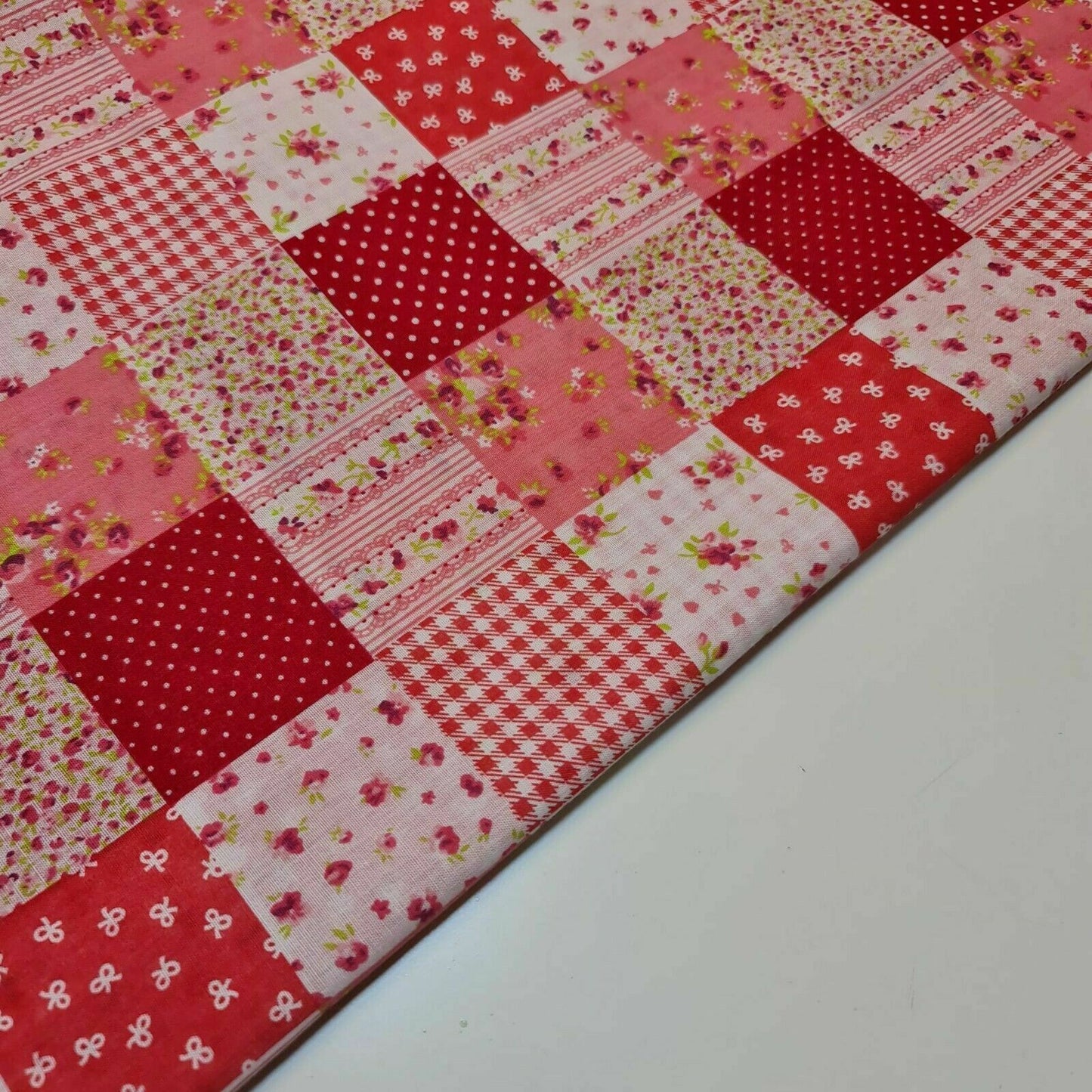 Red Floral Gingham Spots Patchwork Poly Cotton Fabric Polycotton Craft Material 45" By the Meter