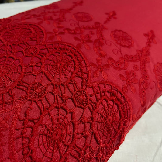Red Cotton Floral Embroidery Fabric Lace Broderie Anglaise Dress Craft Material 44" By the Meter